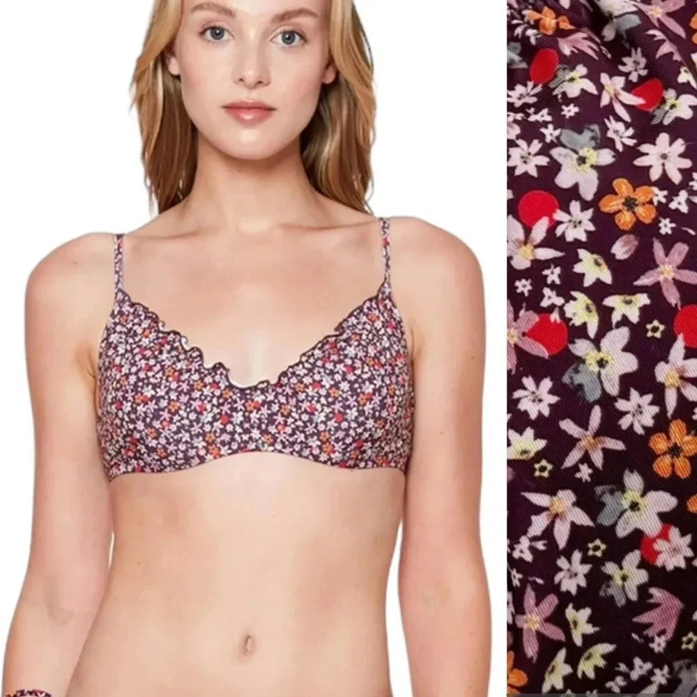NWT Sanctuary Underwire Purple Micro Garden Shirred Ruffle Bikini Top Size M